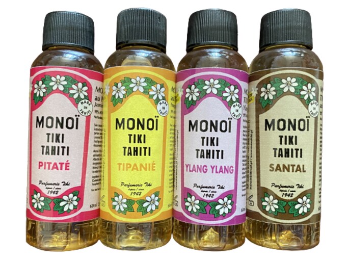 Lot mit 4 Monoi von Tahiti 60ml : Ylang Frangipanier Jasmin Sandelholz